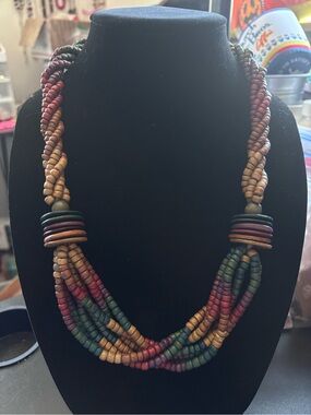 Hand Crafted Multicolor Twisted Bead Necklace in Green, Red, Tan, Brown